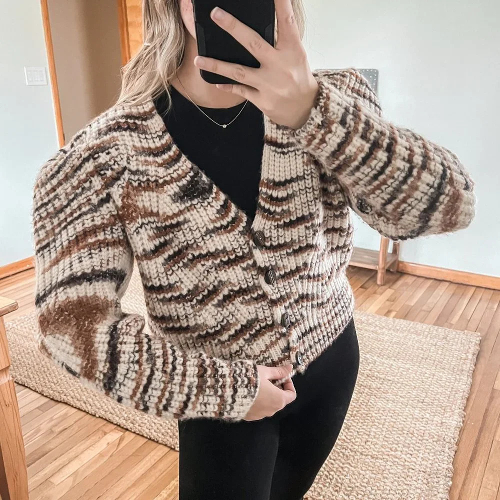Ulla Johnson Greta Marled Alpaca Puff Sleeve Knit Striped Cardigan Sweater Small - Picture 2 of 14
